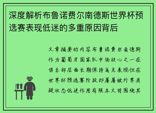 深度解析布鲁诺费尔南德斯世界杯预选赛表现低迷的多重原因背后